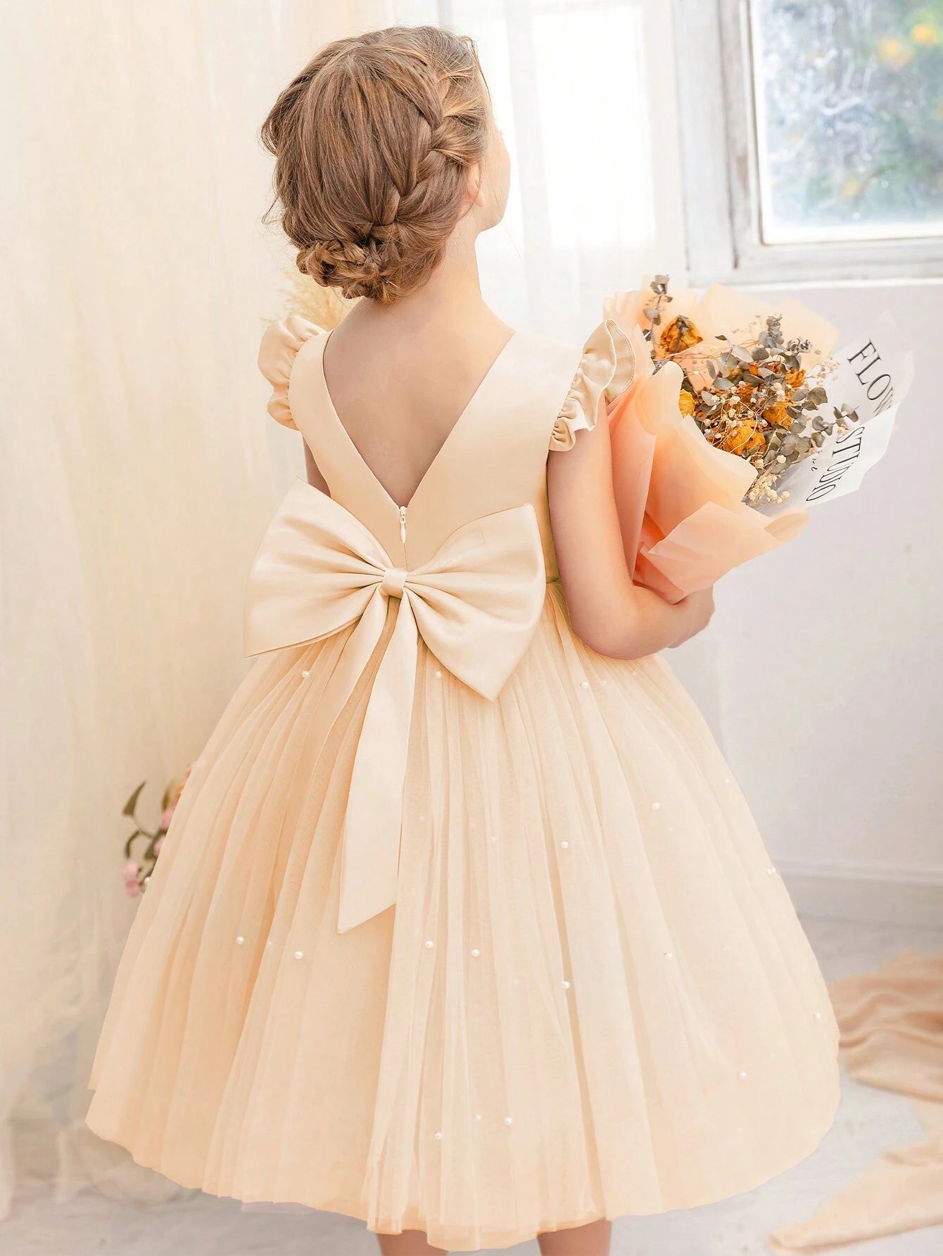 Girls' Flying Sleeve Mesh Tulle Princess Dress Apricot
