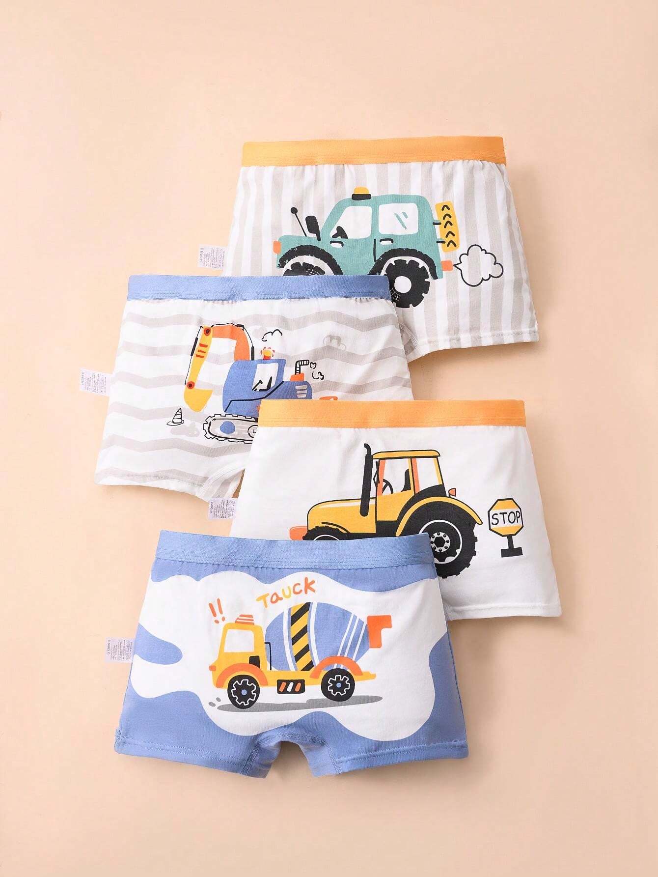 4pcs/Pack Young Boy Construction Vehicle Printed Boxer Briefs Multicolor 2