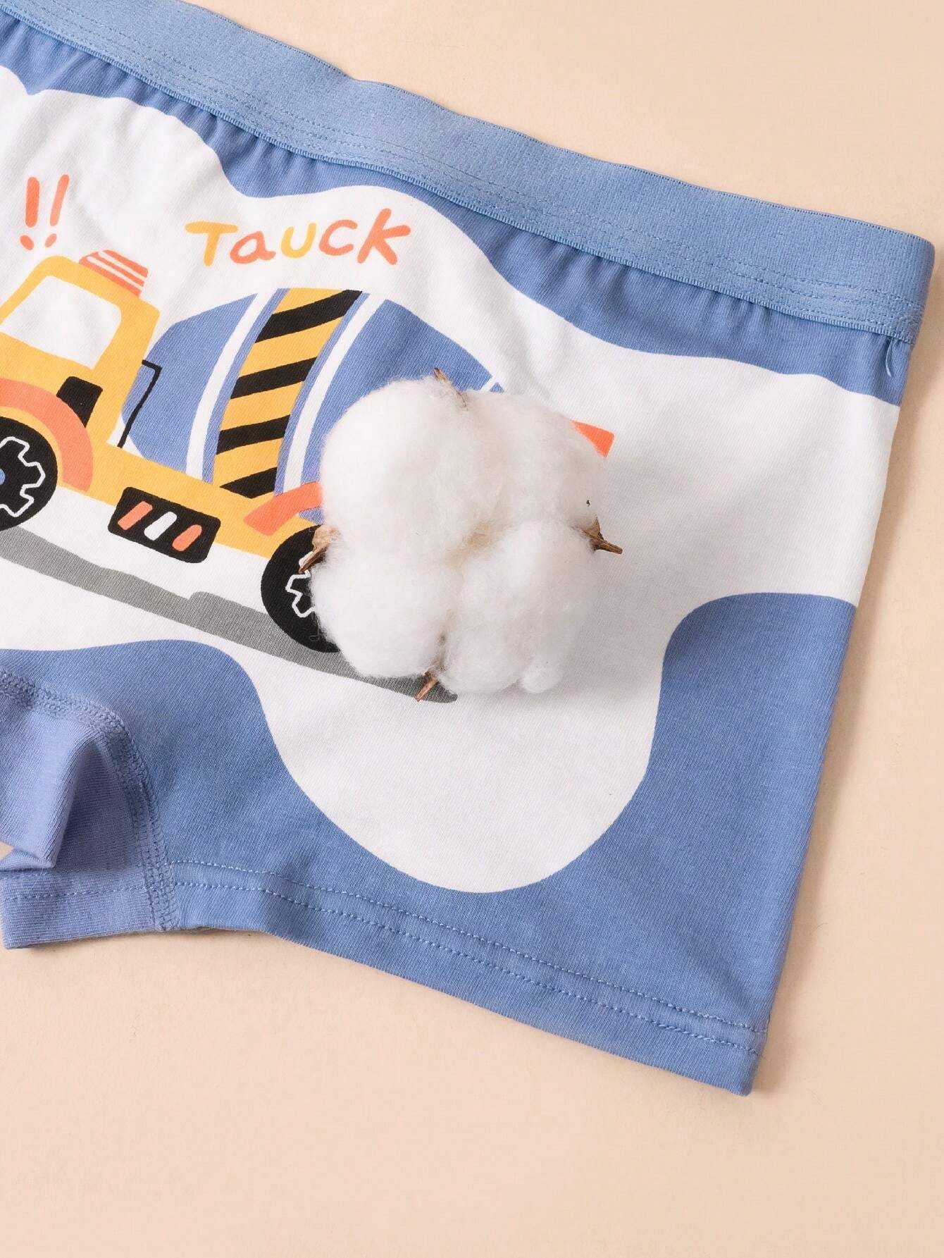 4pcs/Pack Young Boy Construction Vehicle Printed Boxer Briefs