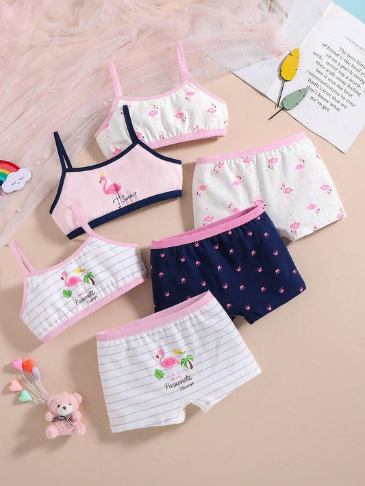 Tween Girl Flamingo Printed Camisole With Matching Briefs Underwear Set Multicolor