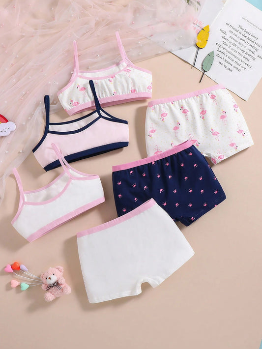 Tween Girl Flamingo Printed Camisole With Matching Briefs Underwear Set