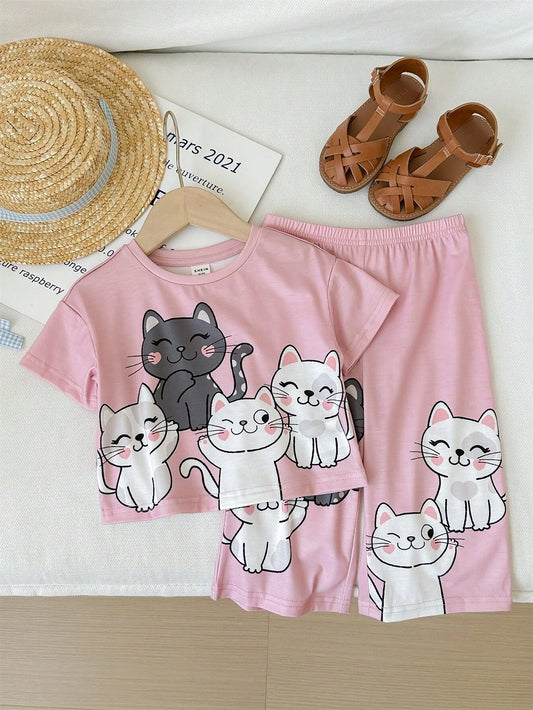 Baby Girl Casual Cute Knitted Elastic Cartoon Pattern Short Sleeve T-Shirt And Elastic Waist Long Pant Pink