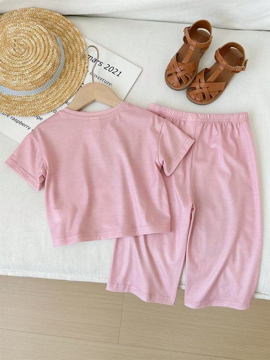 Baby Girl Casual Cute Knitted Elastic Cartoon Pattern Short Sleeve T-Shirt And Elastic Waist Long Pant