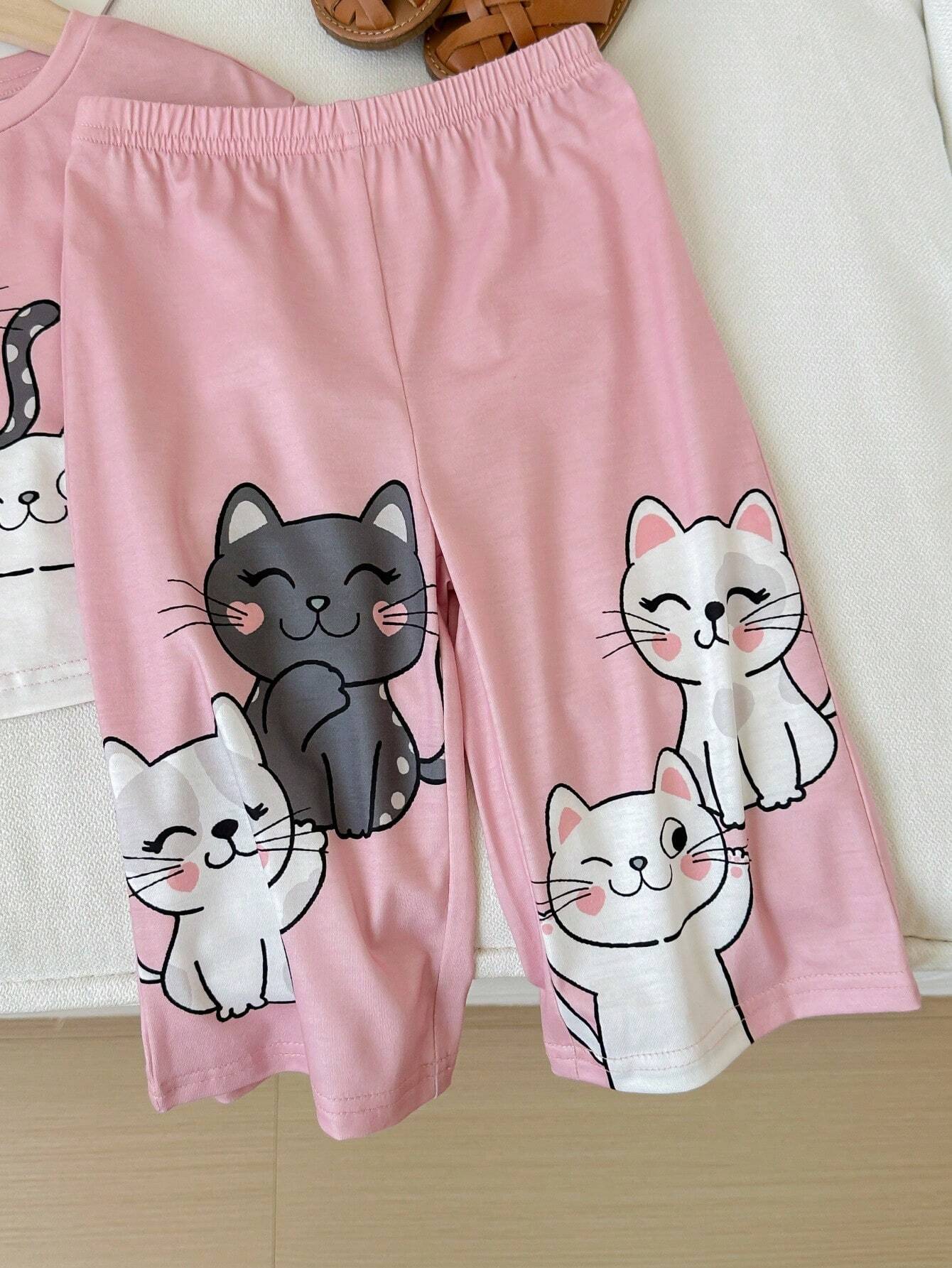 Baby Girl Casual Cute Knitted Elastic Cartoon Pattern Short Sleeve T-Shirt And Elastic Waist Long Pant