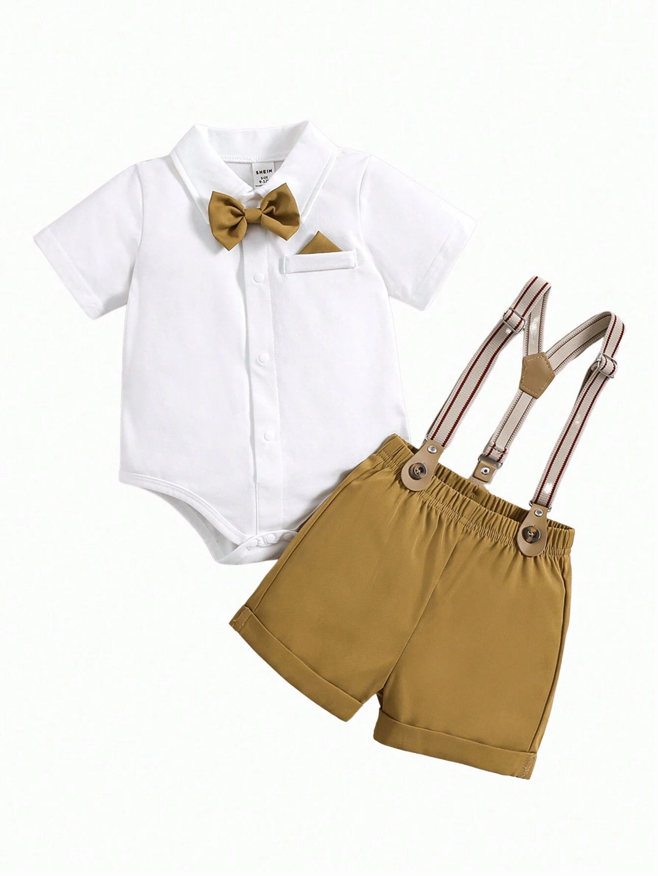 Bow Knot Turn-Down Collar Short Sleeve Bodysuit With Suspenders Shorts Khaki