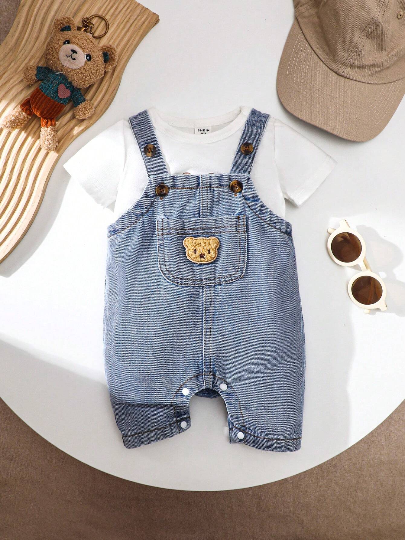 Baby Boy Cartoon Bear Pocket Decor Casual Bib Shorts Blue 2