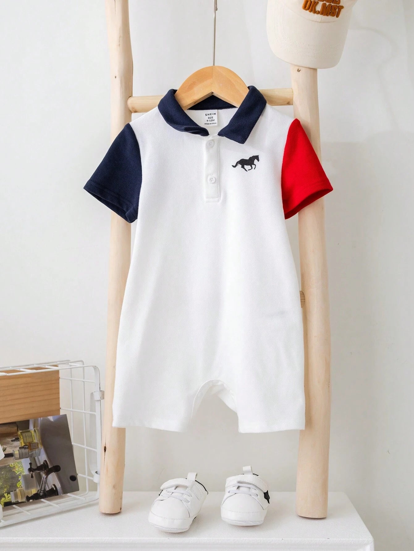 Baby Boy Color-Block Short Sleeve Half-Zip Polo Collar Romper With Snap Bottom White