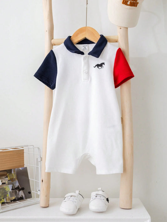 Baby Boy Color-Block Short Sleeve Half-Zip Polo Collar Romper With Snap Bottom White