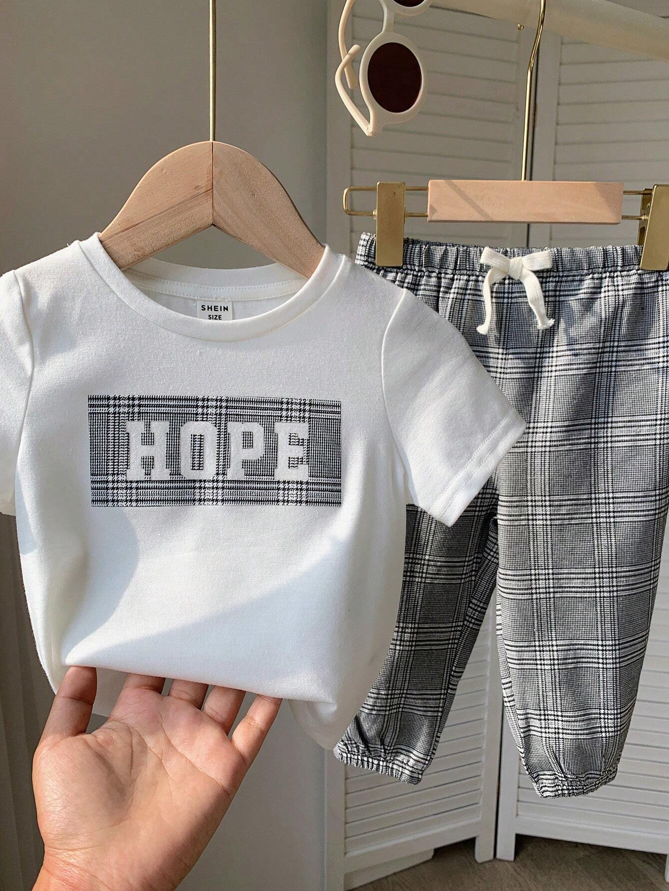2pcs/Set Casual Sports College Style Baby Boys T-Shirt And Plaid Pants Black & White