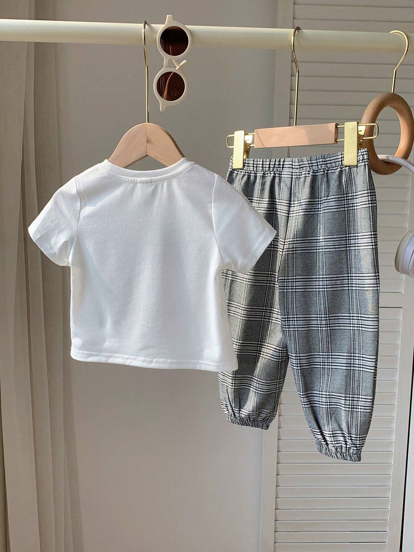 2pcs/Set Casual Sports College Style Baby Boys T-Shirt And Plaid Pants