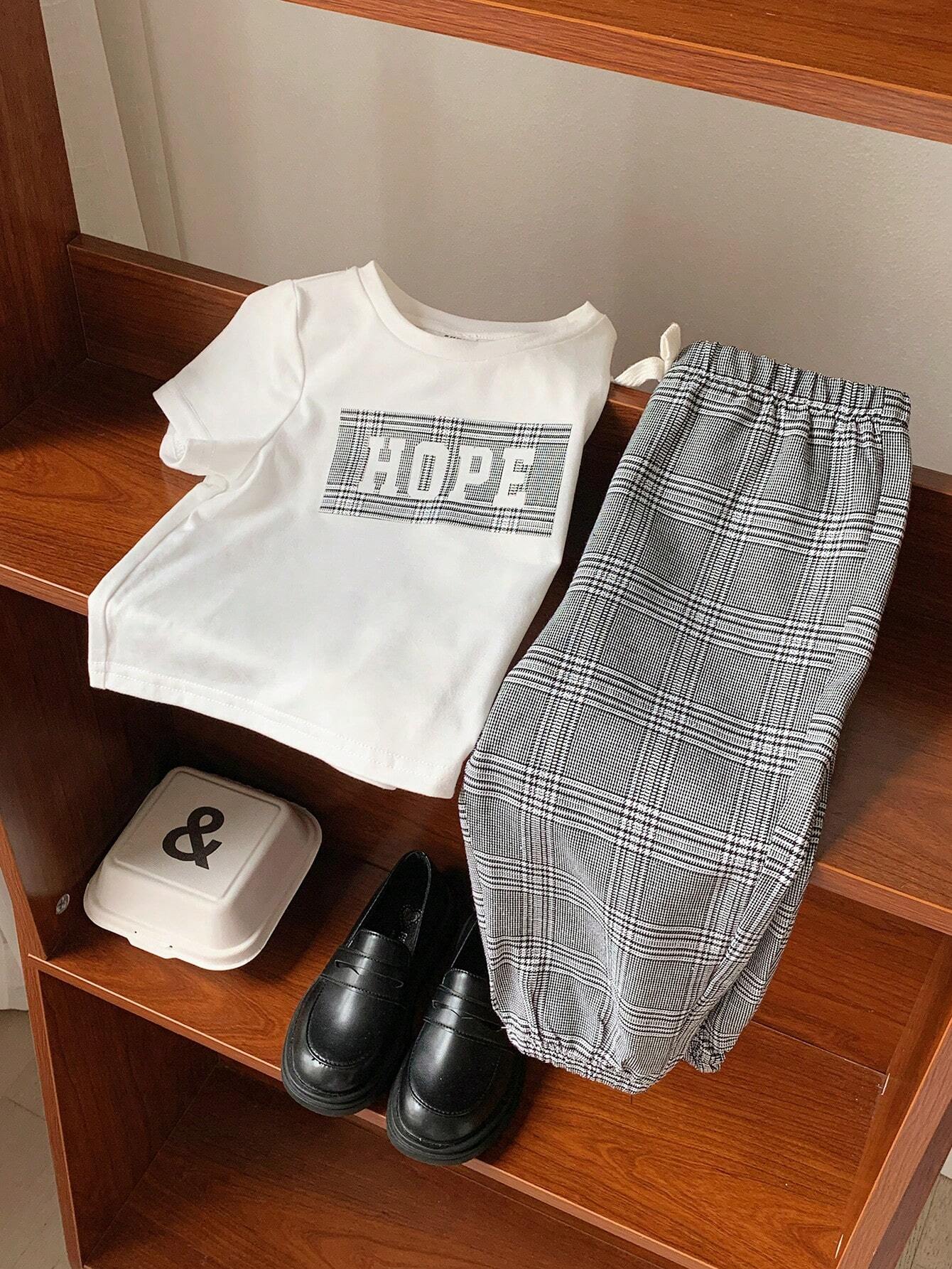 2pcs/Set Casual Sports College Style Baby Boys T-Shirt And Plaid Pants