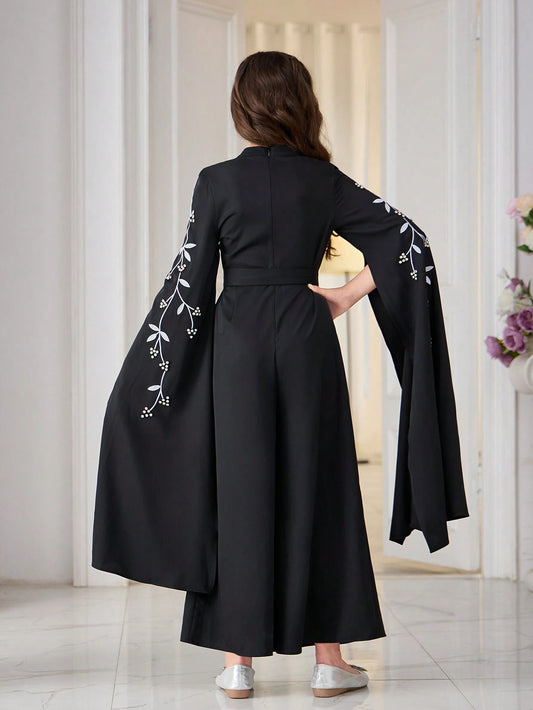 Tween Girl Floral Embroidery, Studs, Flared Sleeves, Stand Collar, Wide-Leg Jumpsuit