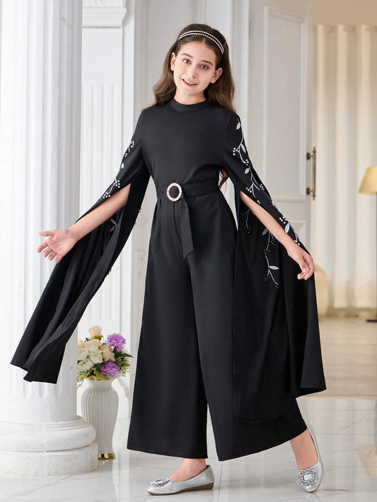 Tween Girl Floral Embroidery, Studs, Flared Sleeves, Stand Collar, Wide-Leg Jumpsuit Black 11Y