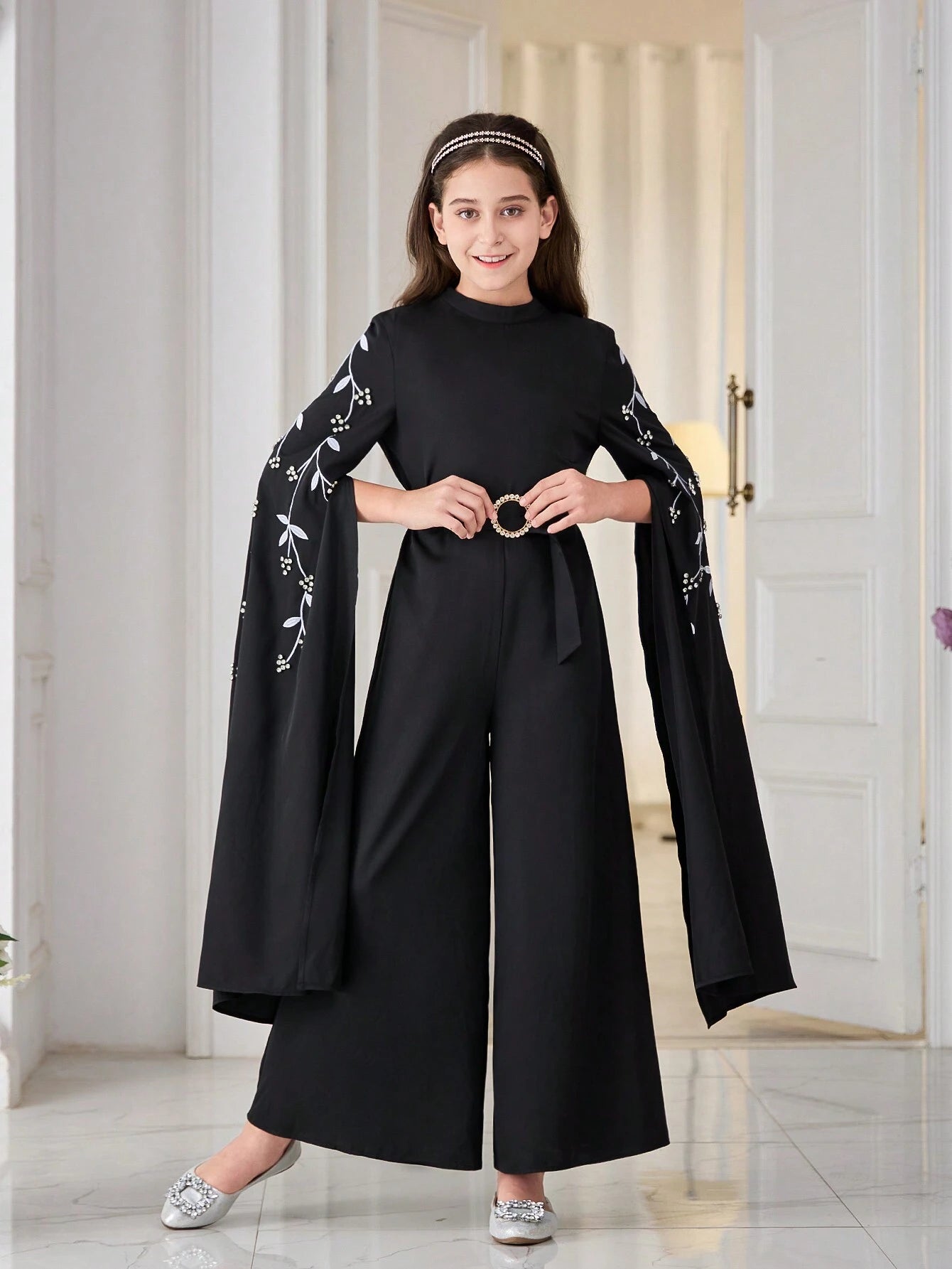 Tween Girl Floral Embroidery, Studs, Flared Sleeves, Stand Collar, Wide-Leg Jumpsuit