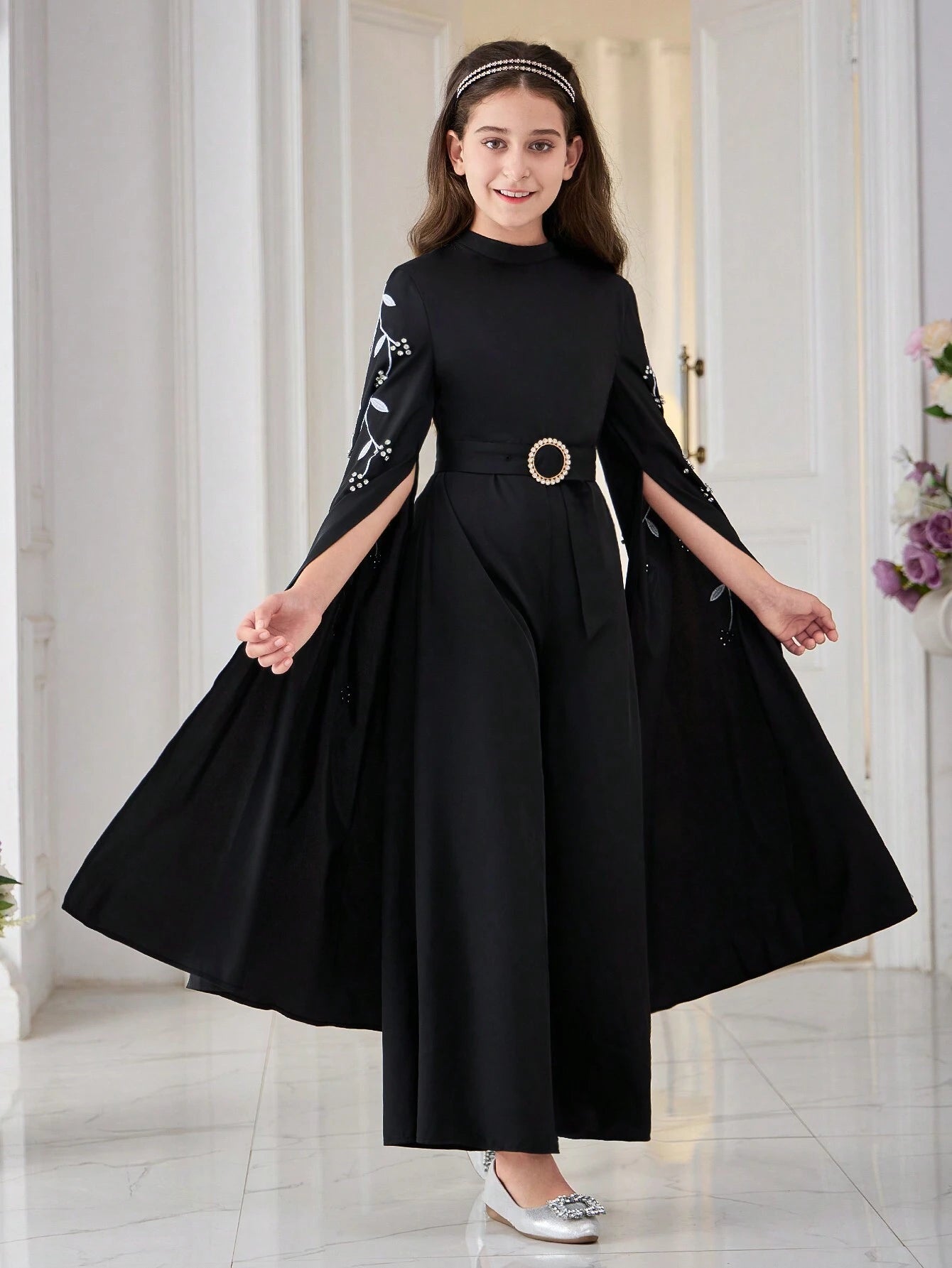 Tween Girl Floral Embroidery, Studs, Flared Sleeves, Stand Collar, Wide-Leg Jumpsuit