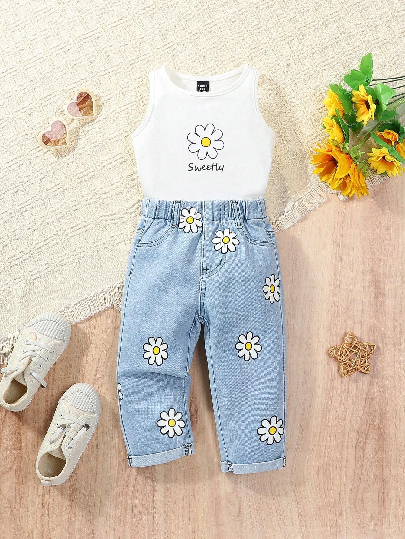 Baby Girl Holiday Style Loose Fit Elastic Waist Flower Print Straight Leg Jeans & Cute Print Soft Black Tank Top White