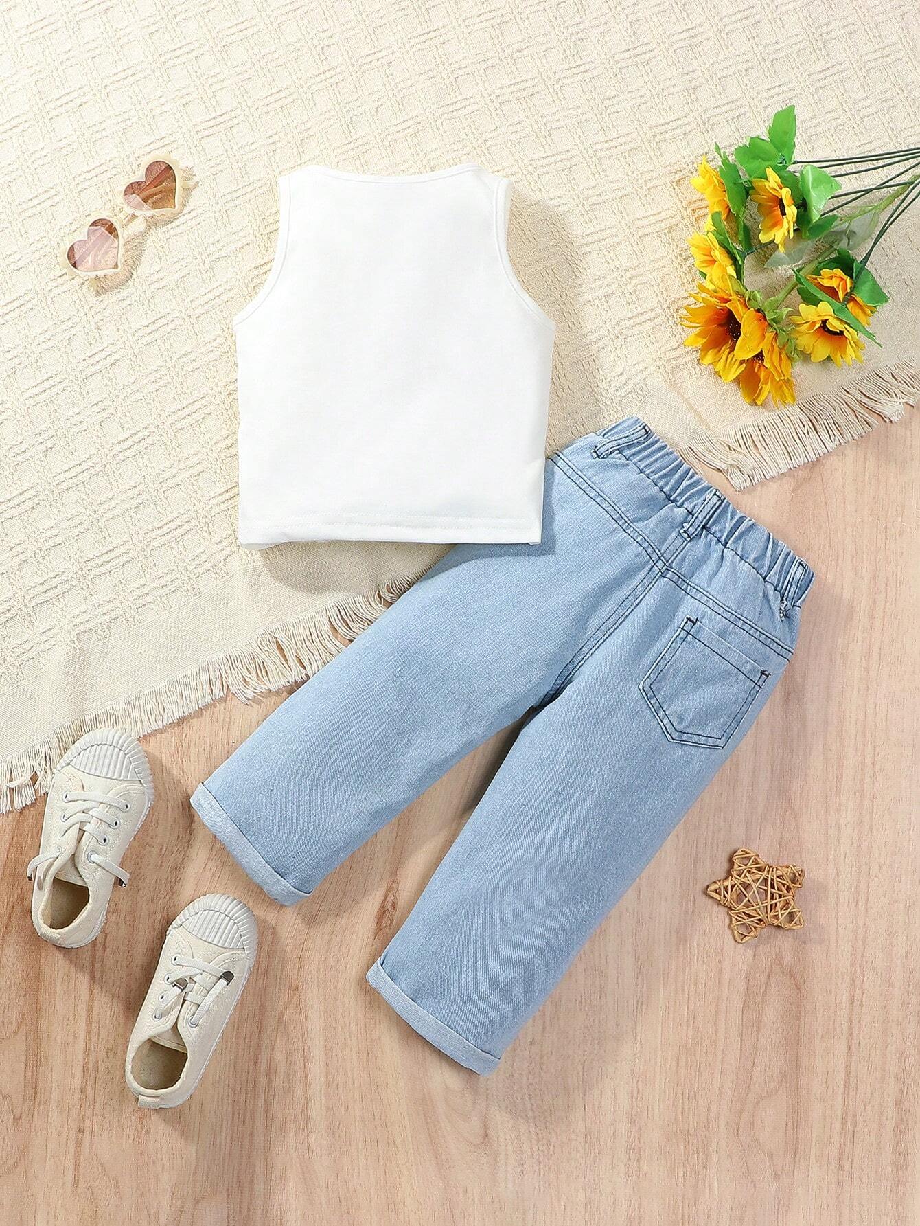 Baby Girl Holiday Style Loose Fit Elastic Waist Flower Print Straight Leg Jeans & Cute Print Soft Black Tank Top