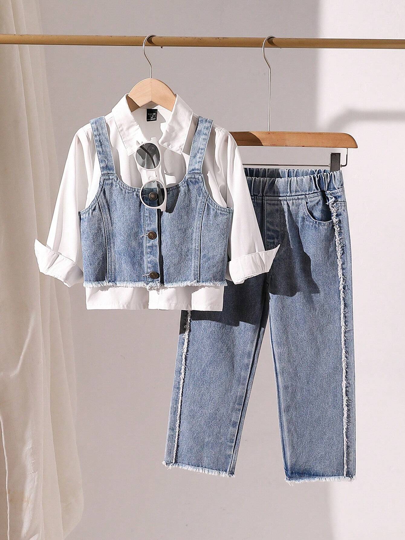 3pcs Young Girl Denim Jumper Blouse And Fringe Hem Pants Set Light Wash