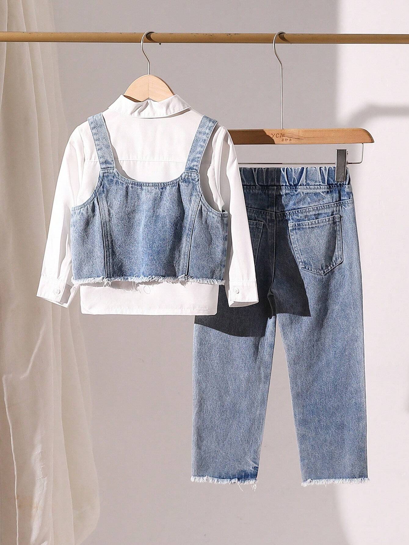 3pcs Young Girl Denim Jumper Blouse And Fringe Hem Pants Set