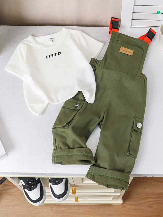 2pcs Baby Boy Casual Street-Style Workwear Suspender Pants Outfit, Korean Style Multicolor