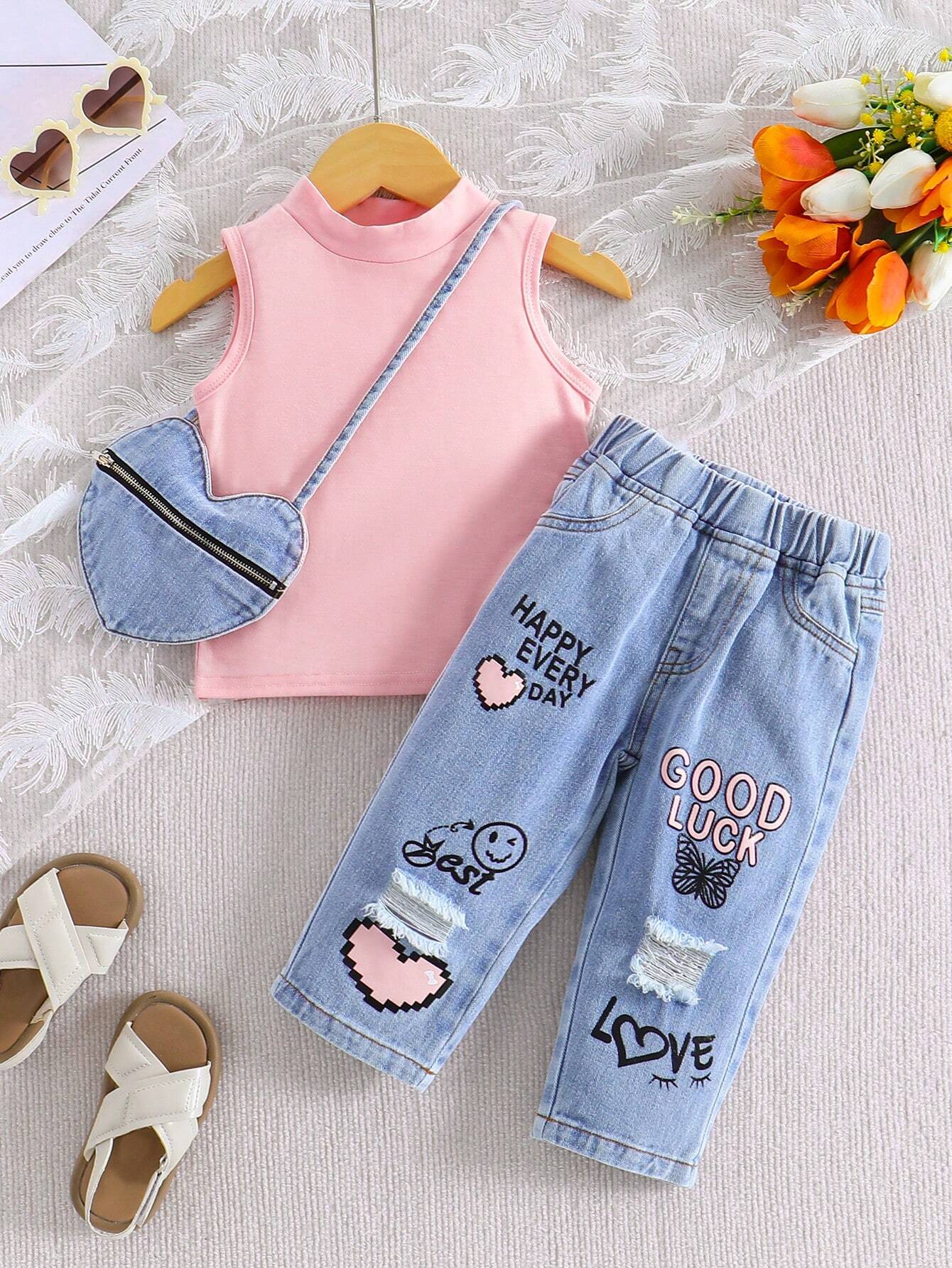 Baby Girl Casual Solid Color Collar Vest & Slogan Heart Printed Ripped Jeans Set Pink