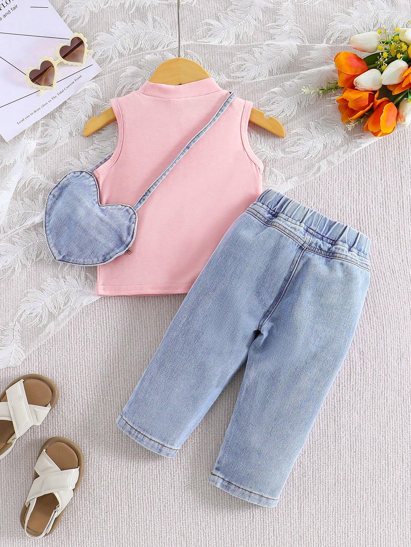 Baby Girl Casual Solid Color Collar Vest & Slogan Heart Printed Ripped Jeans Set