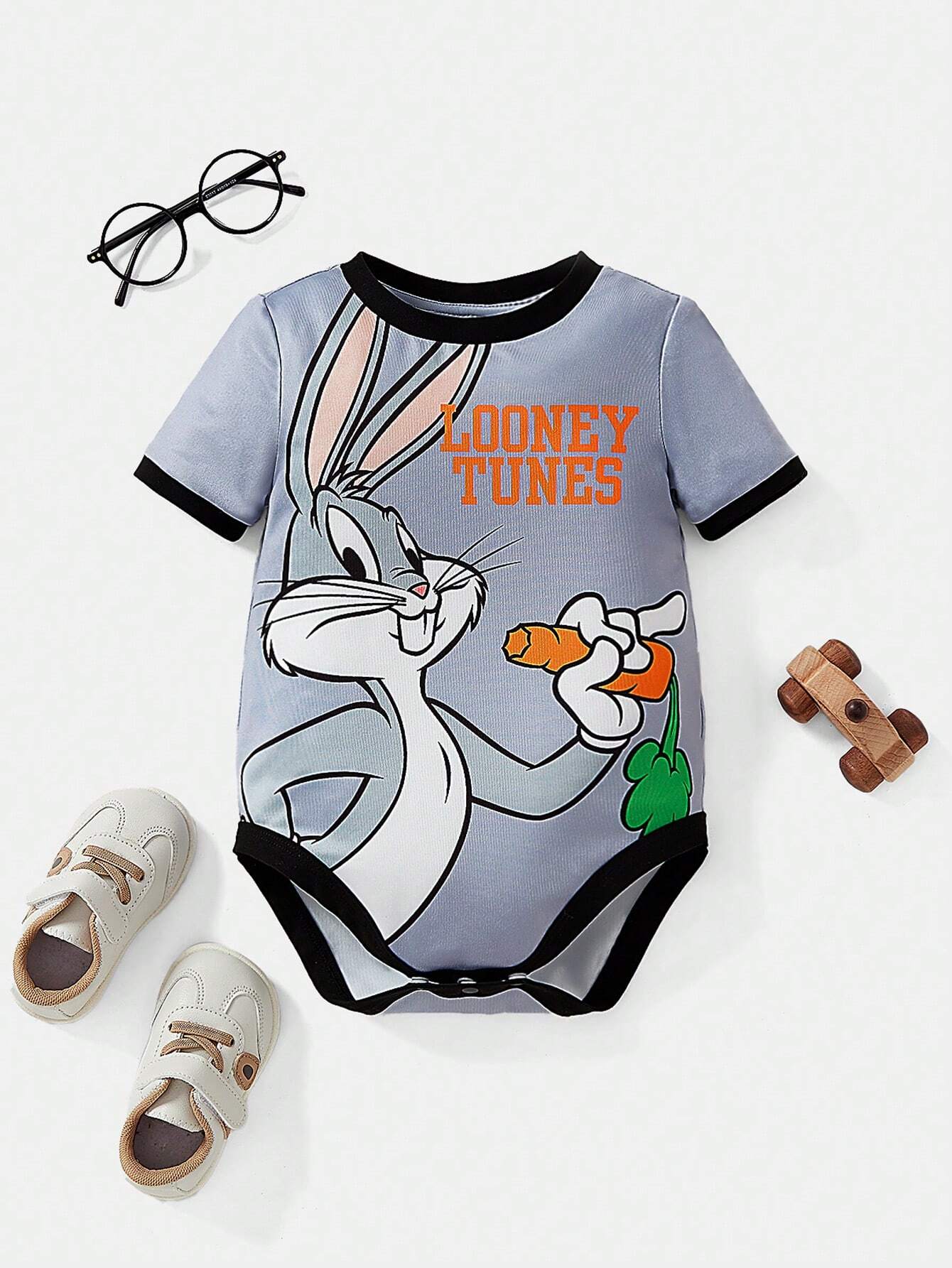 Baby Boy Cute Cartoon Rabbit And English Letters Printed Ringer Bodysuit Multicolor
