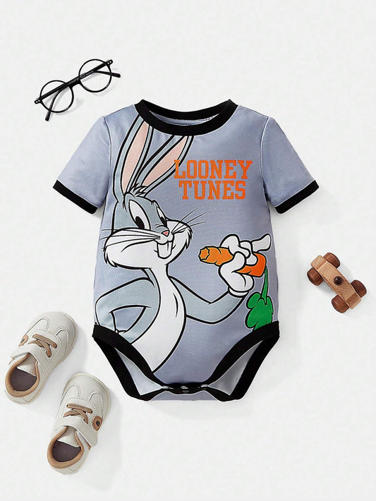 Baby Boy Cute Cartoon Rabbit And English Letters Printed Ringer Bodysuit Multicolor