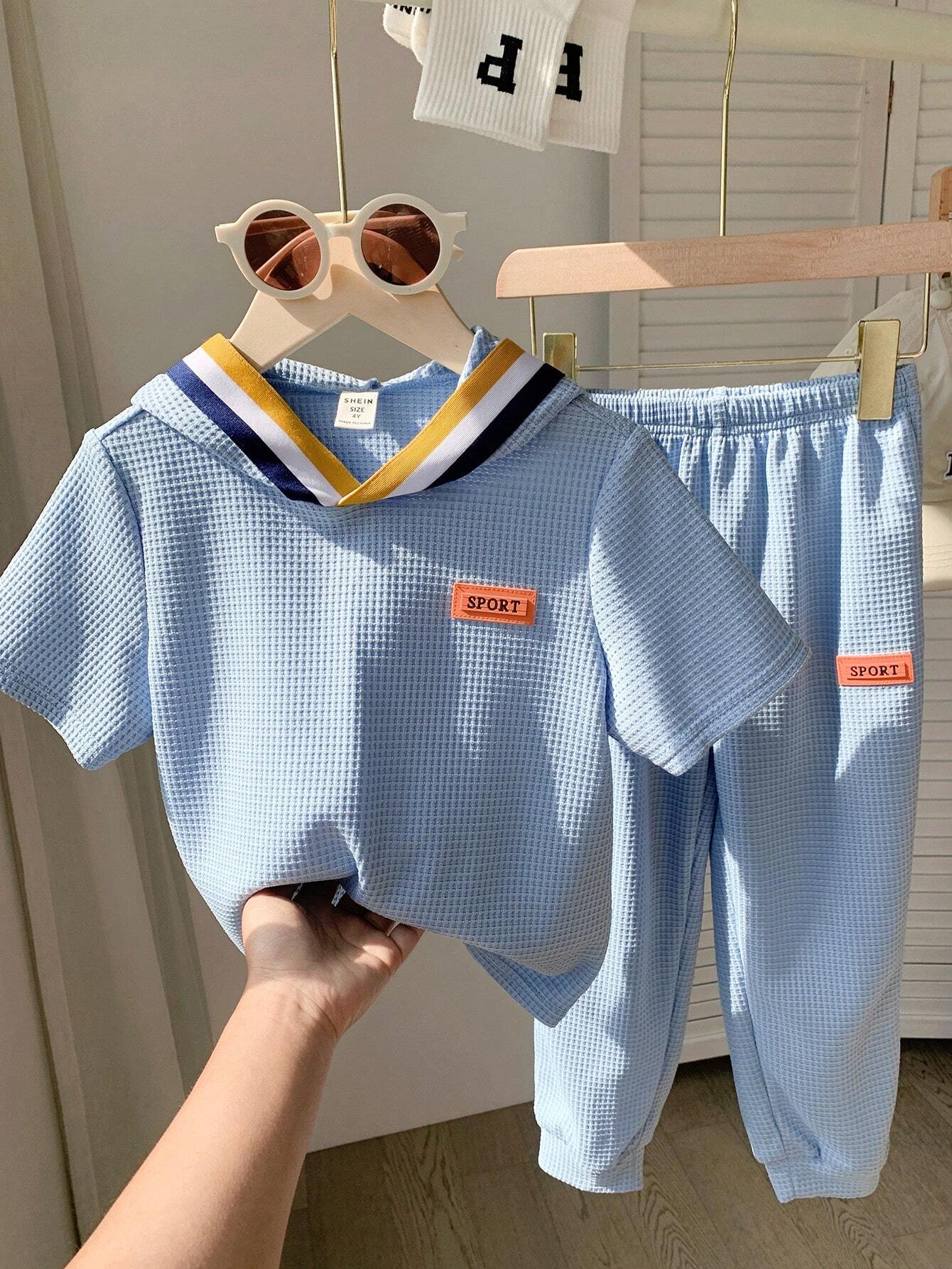 2pcs Young Boys' Casual Color Block Short Sleeve Hooded Top And Long Pants Dusty Blue