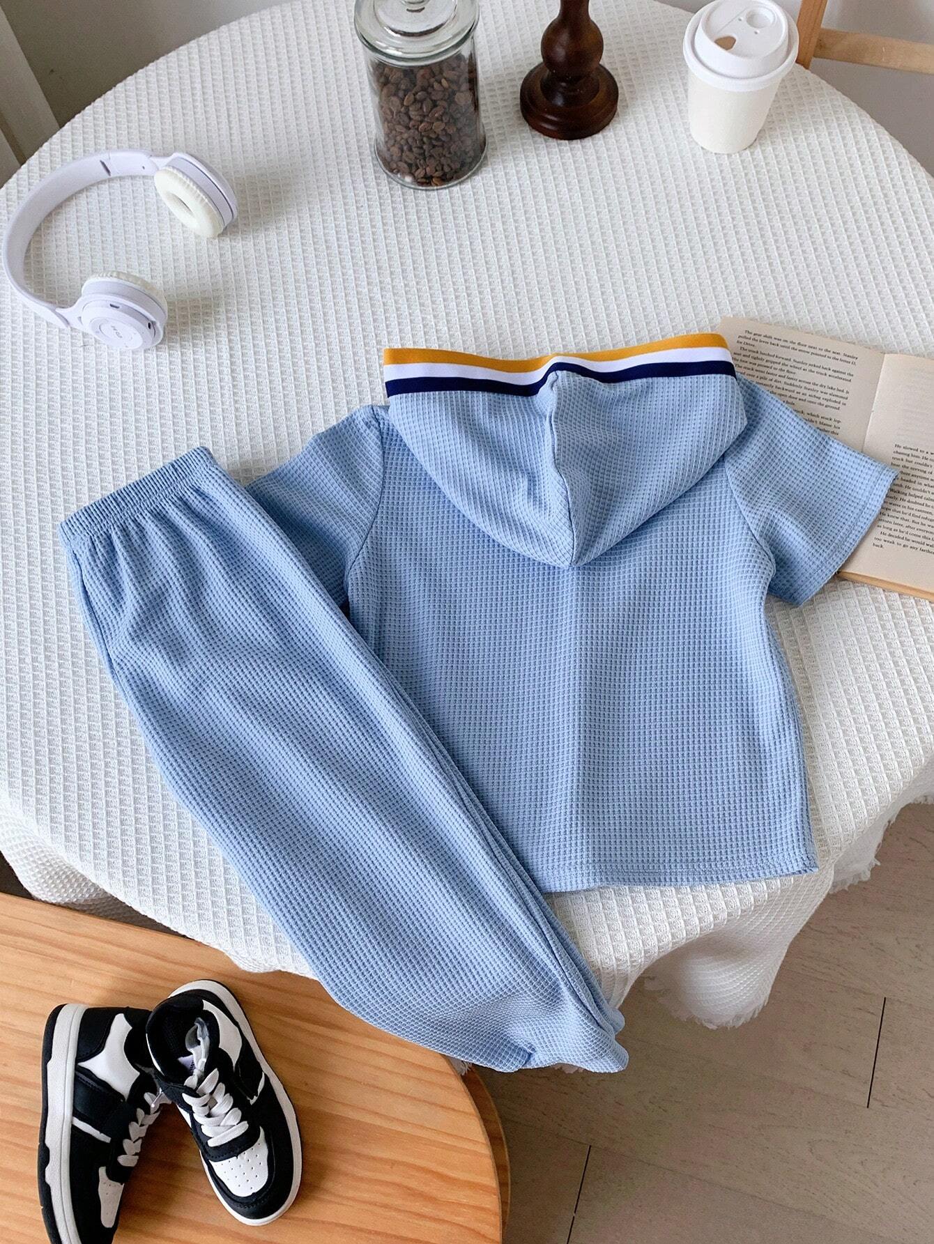 2pcs Young Boys' Casual Color Block Short Sleeve Hooded Top And Long Pants