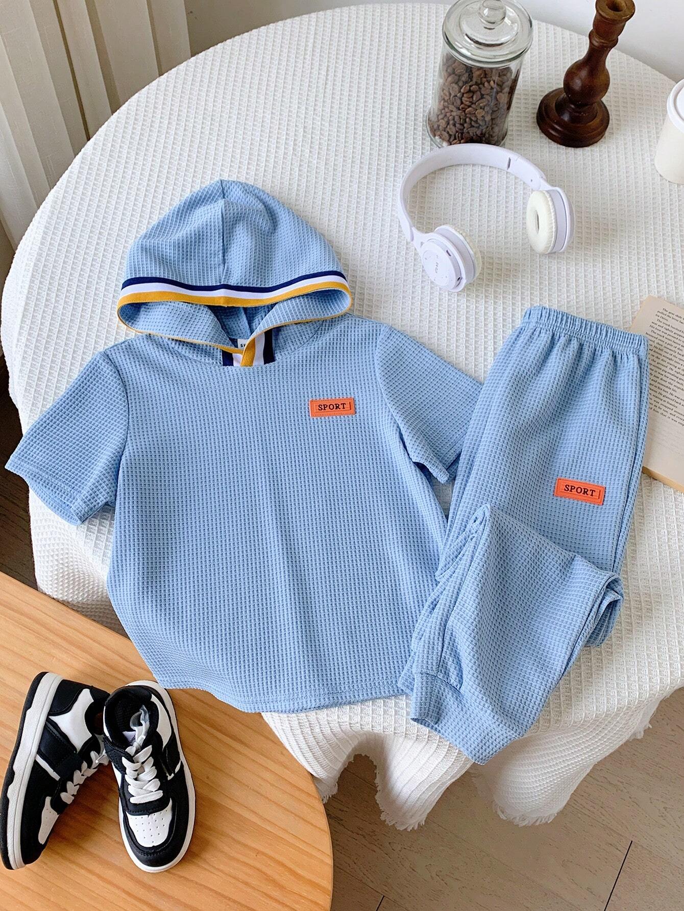 2pcs Young Boys' Casual Color Block Short Sleeve Hooded Top And Long Pants