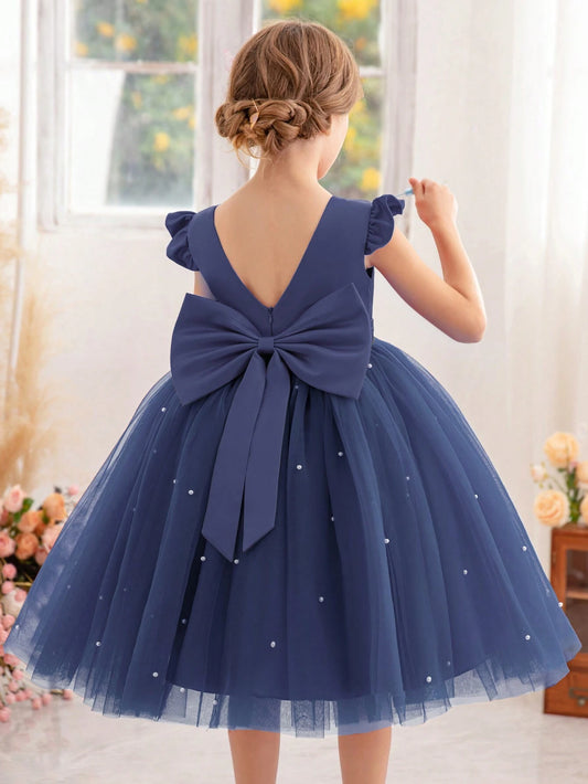 Girls' Flying Sleeve Mesh Tulle Princess Dress Royal Blue