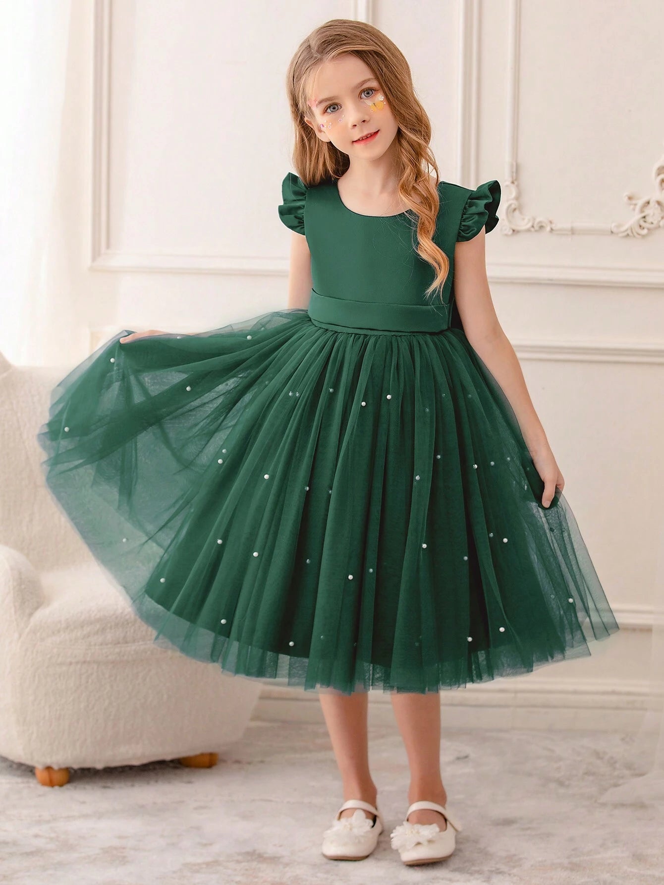 Girls' Flying Sleeve Mesh Tulle Princess Dress