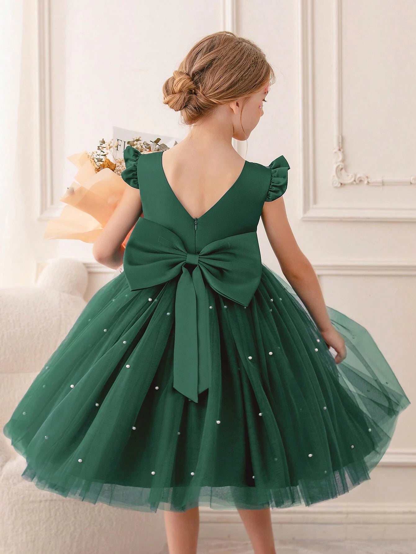 Girls' Flying Sleeve Mesh Tulle Princess Dress Green