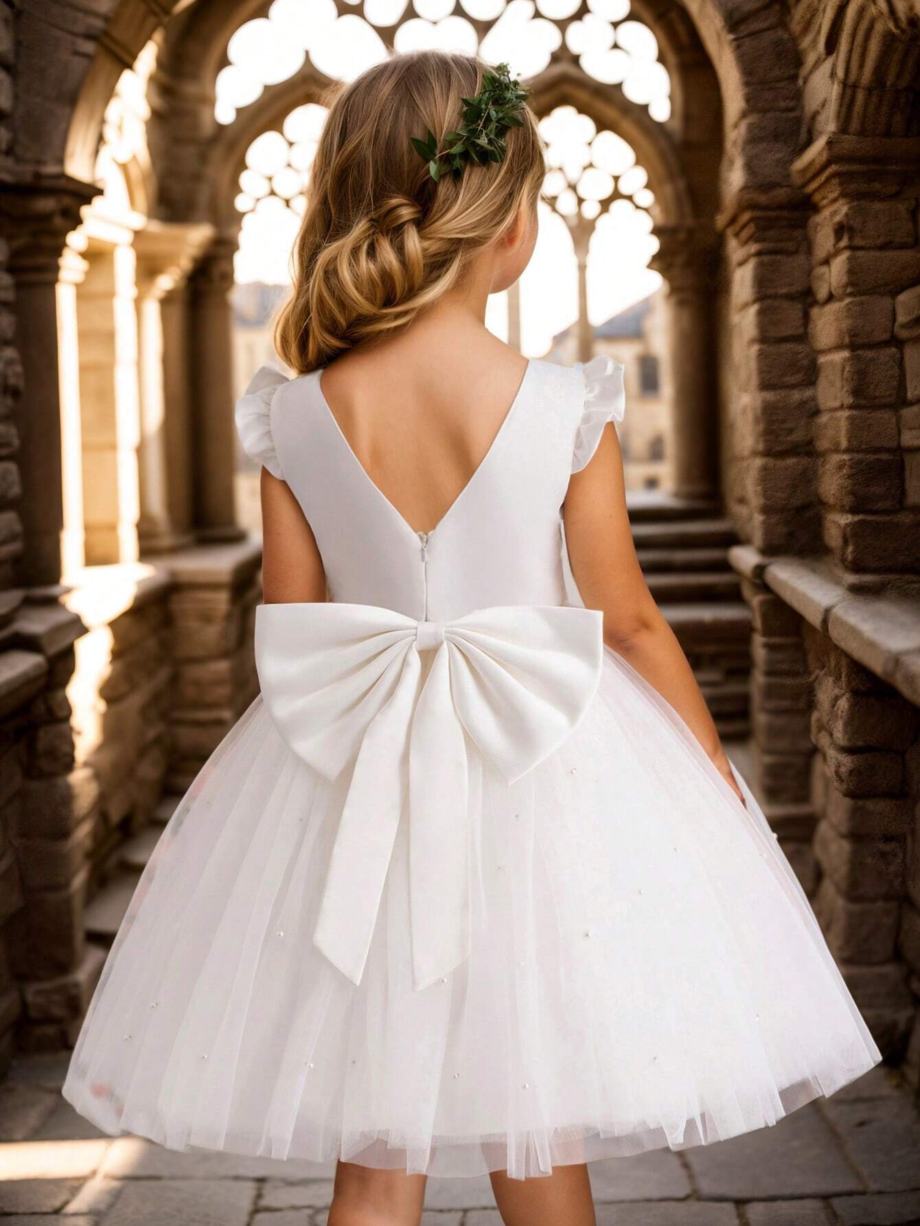 Girls' Flying Sleeve Mesh Tulle Princess Dress White