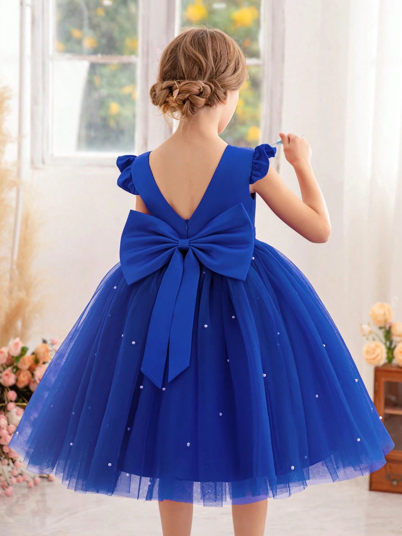 Girls' Flying Sleeve Mesh Tulle Princess Dress Blue 2
