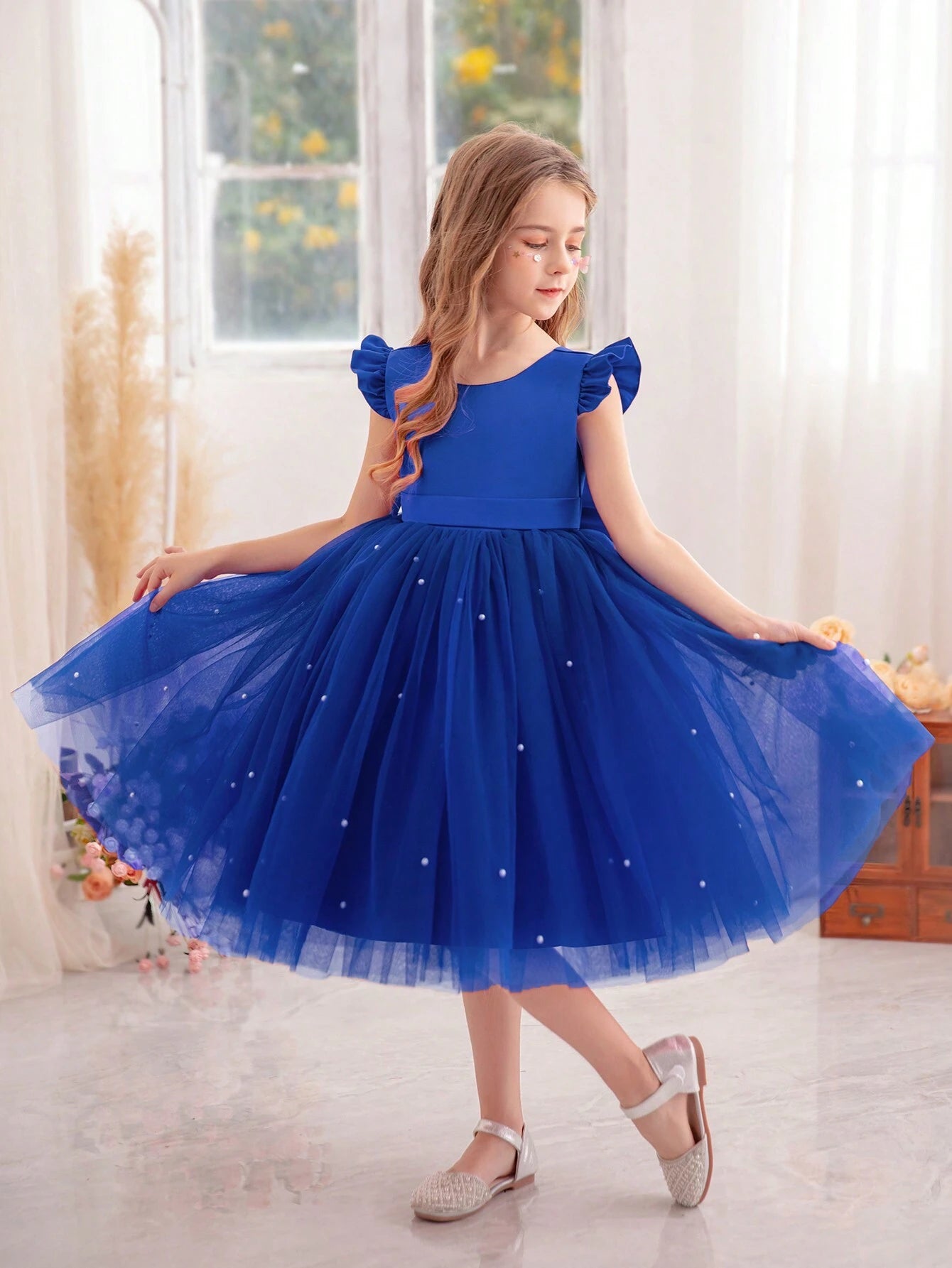 Girls' Flying Sleeve Mesh Tulle Princess Dress