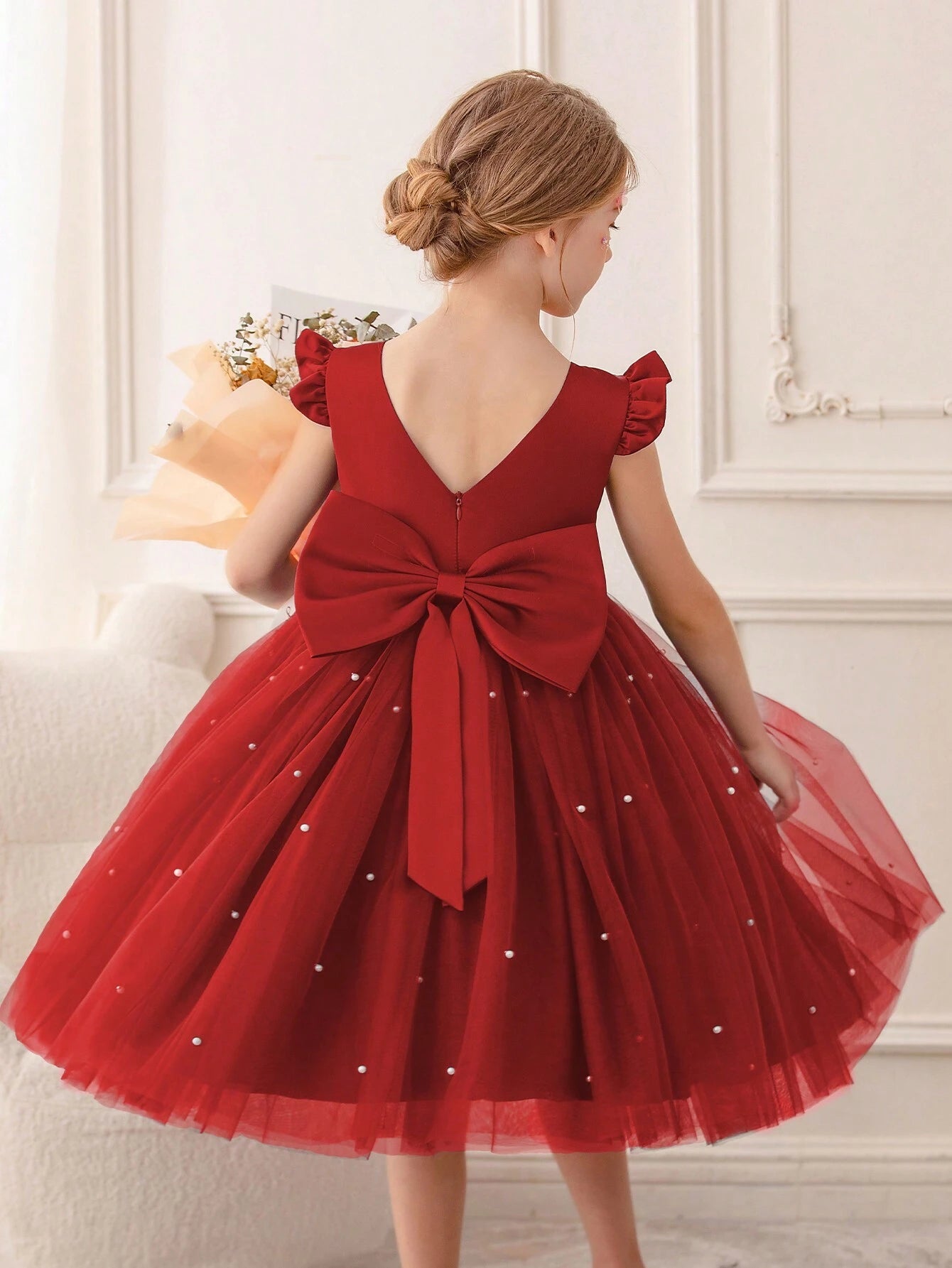 Girls' Flying Sleeve Mesh Tulle Princess Dress Burgundy