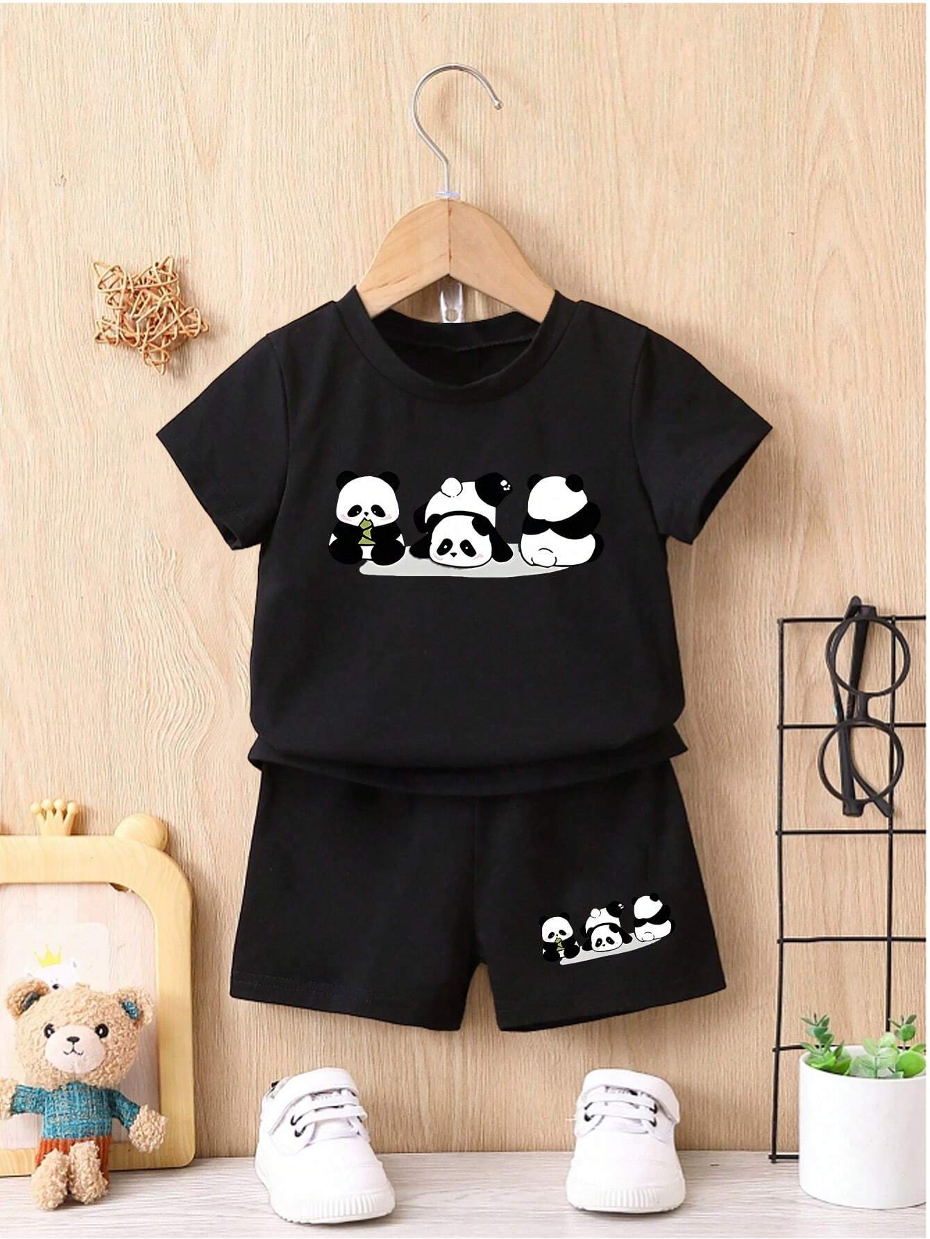 2pcs Baby Boy Casual And Sporty Outfits With Cute Panda Print Black