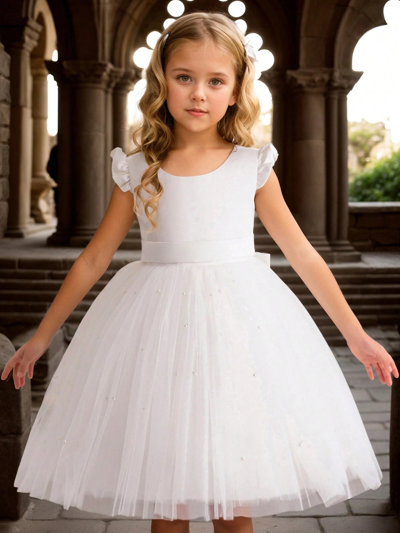 Girls' Flying Sleeve Mesh Tulle Princess Dress