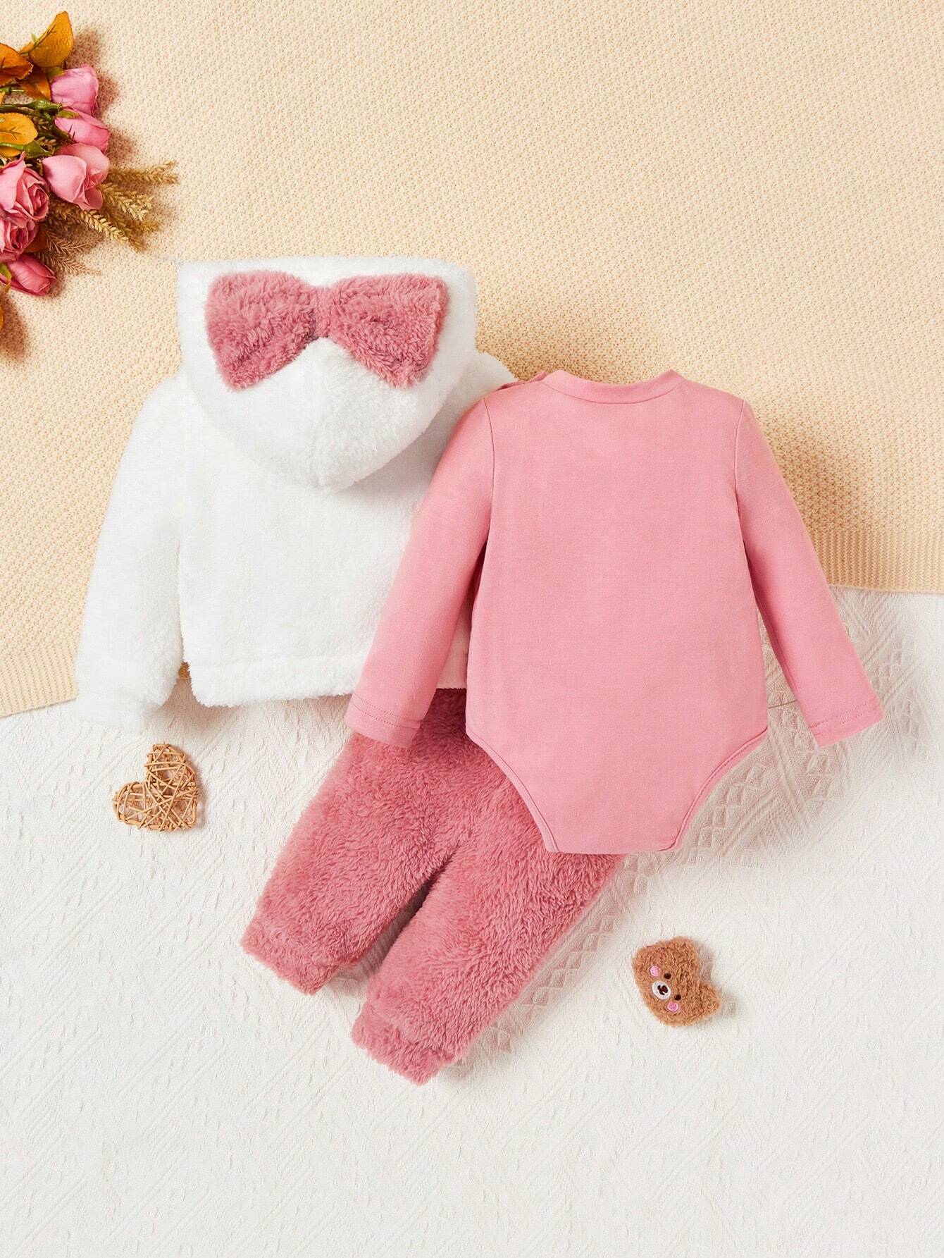 3-Piece Newborn Baby Girl Fall/Winter Warm Soft Fuzzy Bow Hooded Sweatshirt And Long Pants Knitted Jumpsuit Set