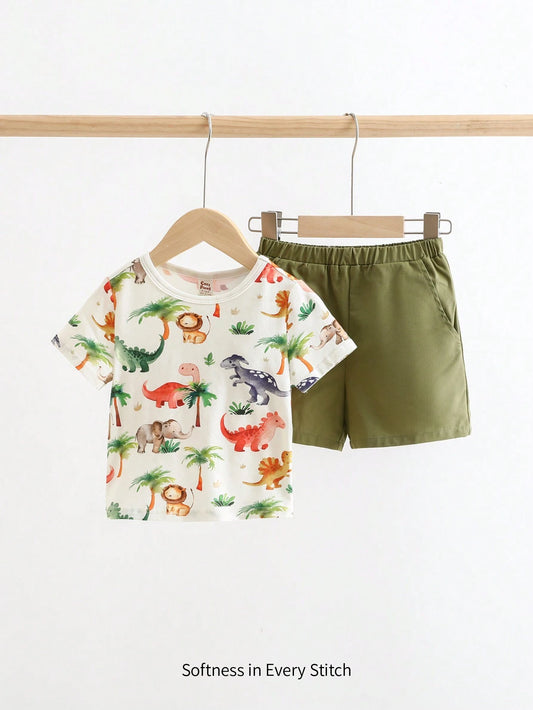 Baby Boy Cartoon Dinosaur Print Knitted Soft Round Neck Short Sleeve Top And Casual Shorts Green