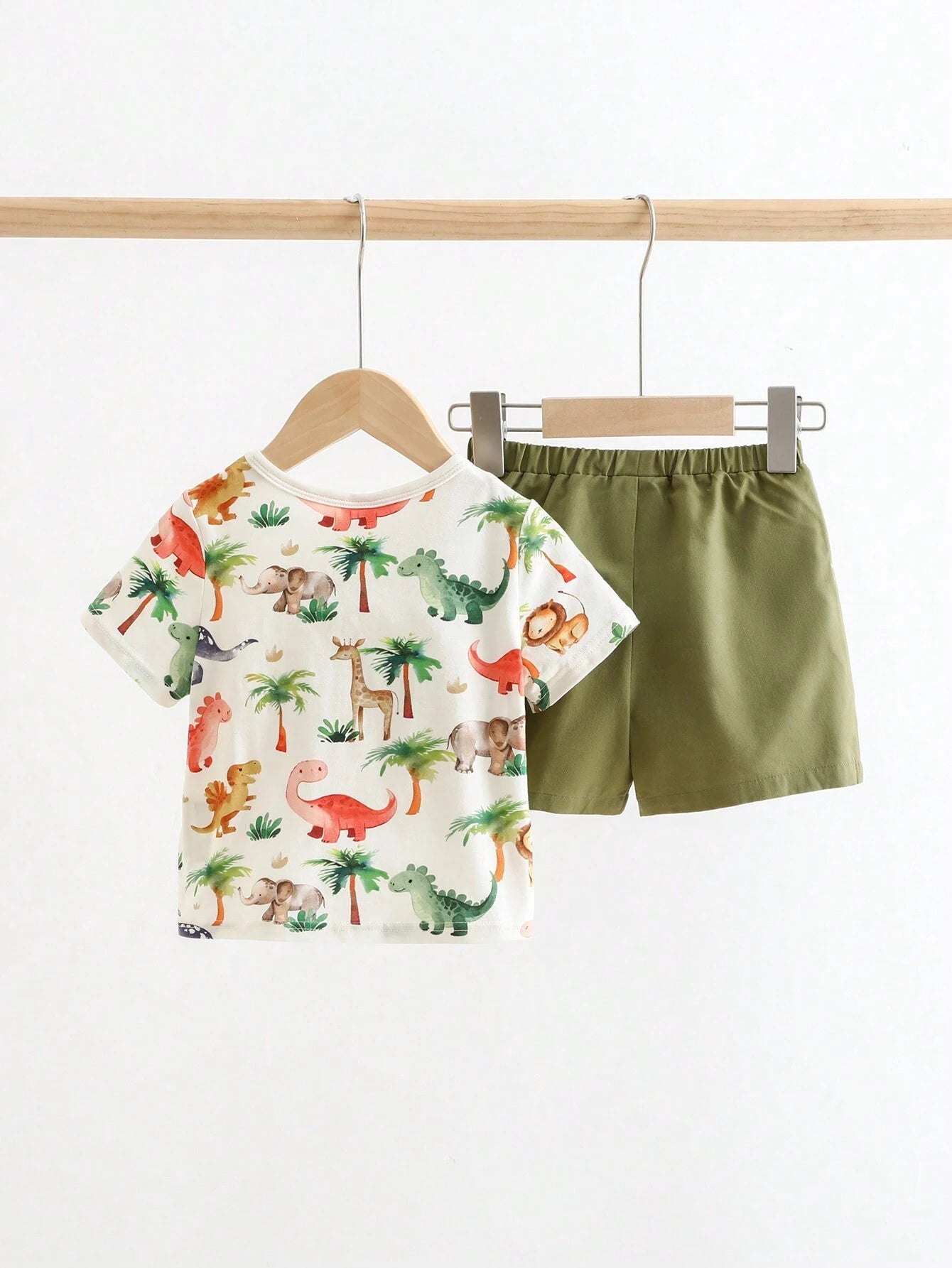 Baby Boy Cartoon Dinosaur Print Knitted Soft Round Neck Short Sleeve Top And Casual Shorts