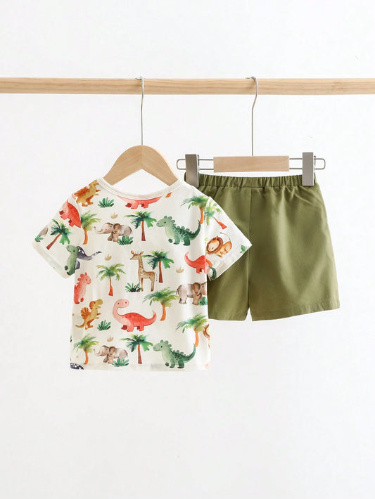 Baby Boy Cartoon Dinosaur Print Knitted Soft Round Neck Short Sleeve Top And Casual Shorts