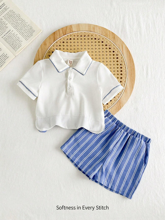 Baby Boy Contrast Collar Short Sleeve Cardigan Top & Colorful Striped Casual Shorts Blue