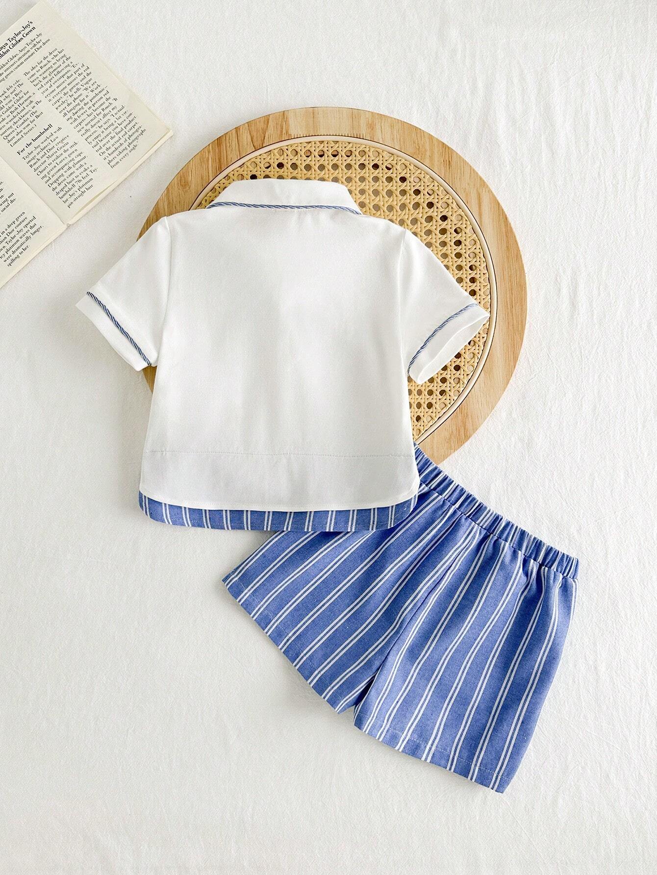 Baby Boy Contrast Collar Short Sleeve Cardigan Top & Colorful Striped Casual Shorts