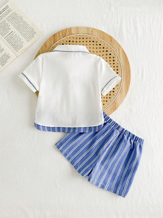 Baby Boy Contrast Collar Short Sleeve Cardigan Top & Colorful Striped Casual Shorts