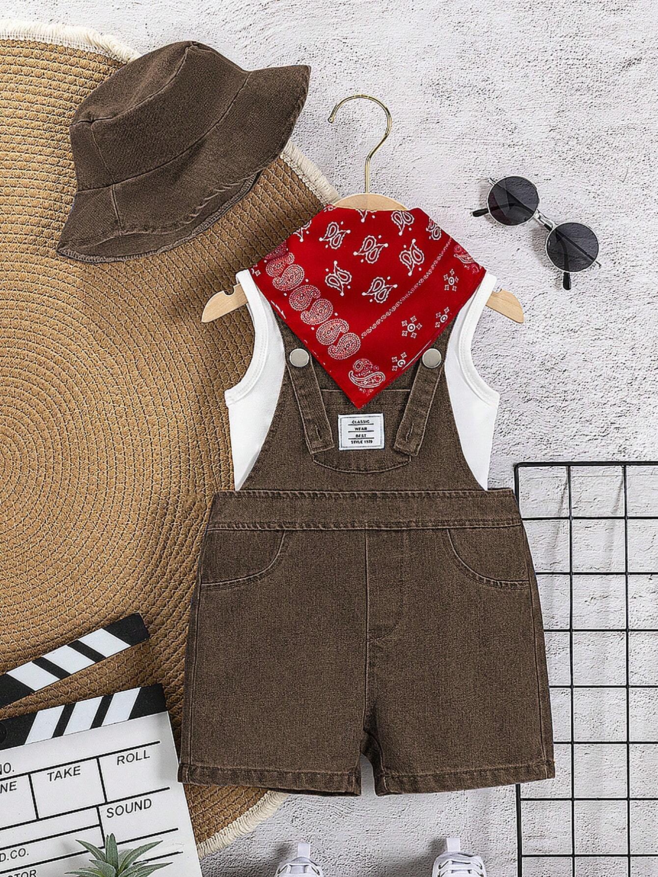 Baby Boys Distressed Denim Bib Overalls, Tank Top, Denim Bucket Hat & Red Bandana Fashion Outfit Brown