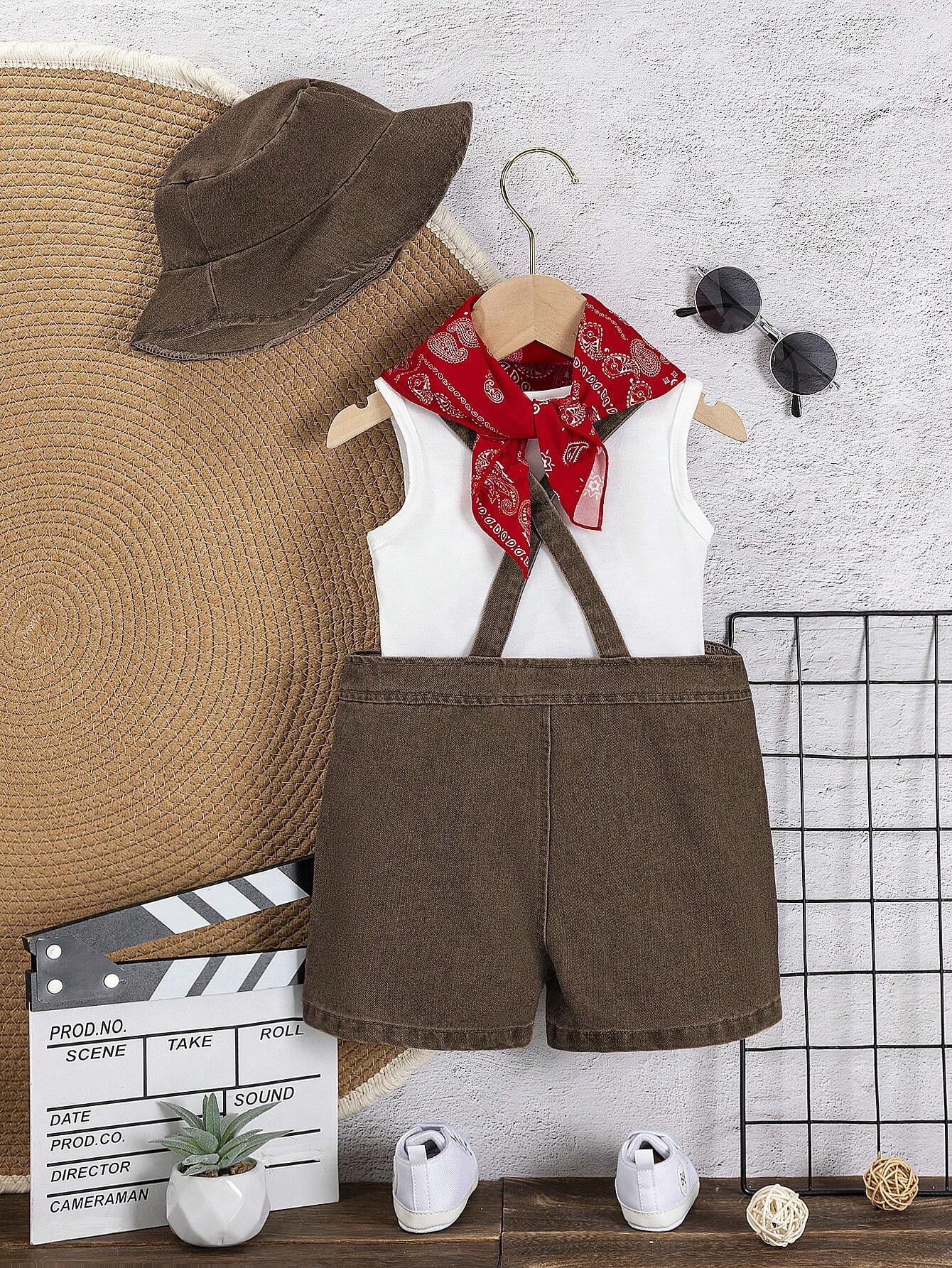 Baby Boys Distressed Denim Bib Overalls, Tank Top, Denim Bucket Hat & Red Bandana Fashion Outfit