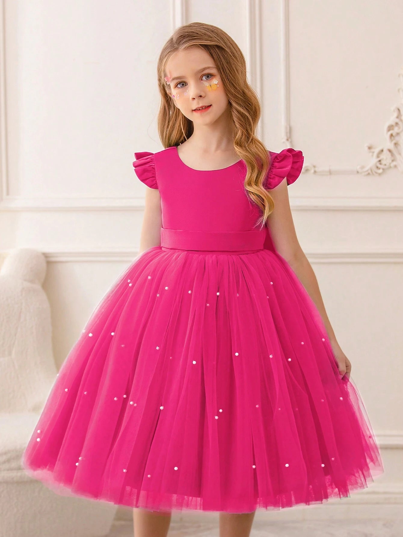 Girls' Flying Sleeve Mesh Tulle Princess Dress